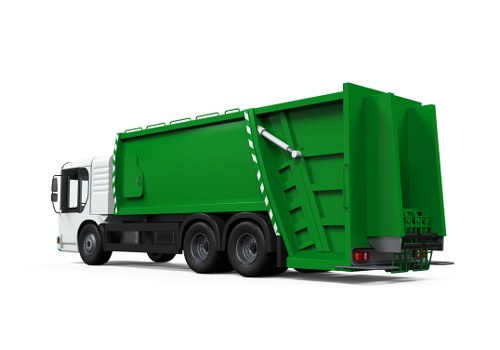 A large commercial rubbish collection vehicle with a white cab and a bright green waste bin attached, parked on a clean, paved surface. The green waste bin features a ribbed metal exterior with a textured finish, and is equipped with a hydraulic lifting mechanism at the side for loading waste. The rear of the bin has a hinged door with safety reflectors and small tail lights beneath. The surroundings are plain with no visible environment, emphasizing the vehicle's structure and design, suitable for waste removal services in the area. The scene conveys a professional and functional appearance appropriate for commercial waste collection operations in Potters Bar, highlighting the company's ability to handle the disposal of varied rubbish types efficiently.